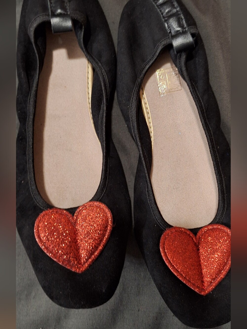Black Women's Ballet Flats with Red Glitter Heart Accent